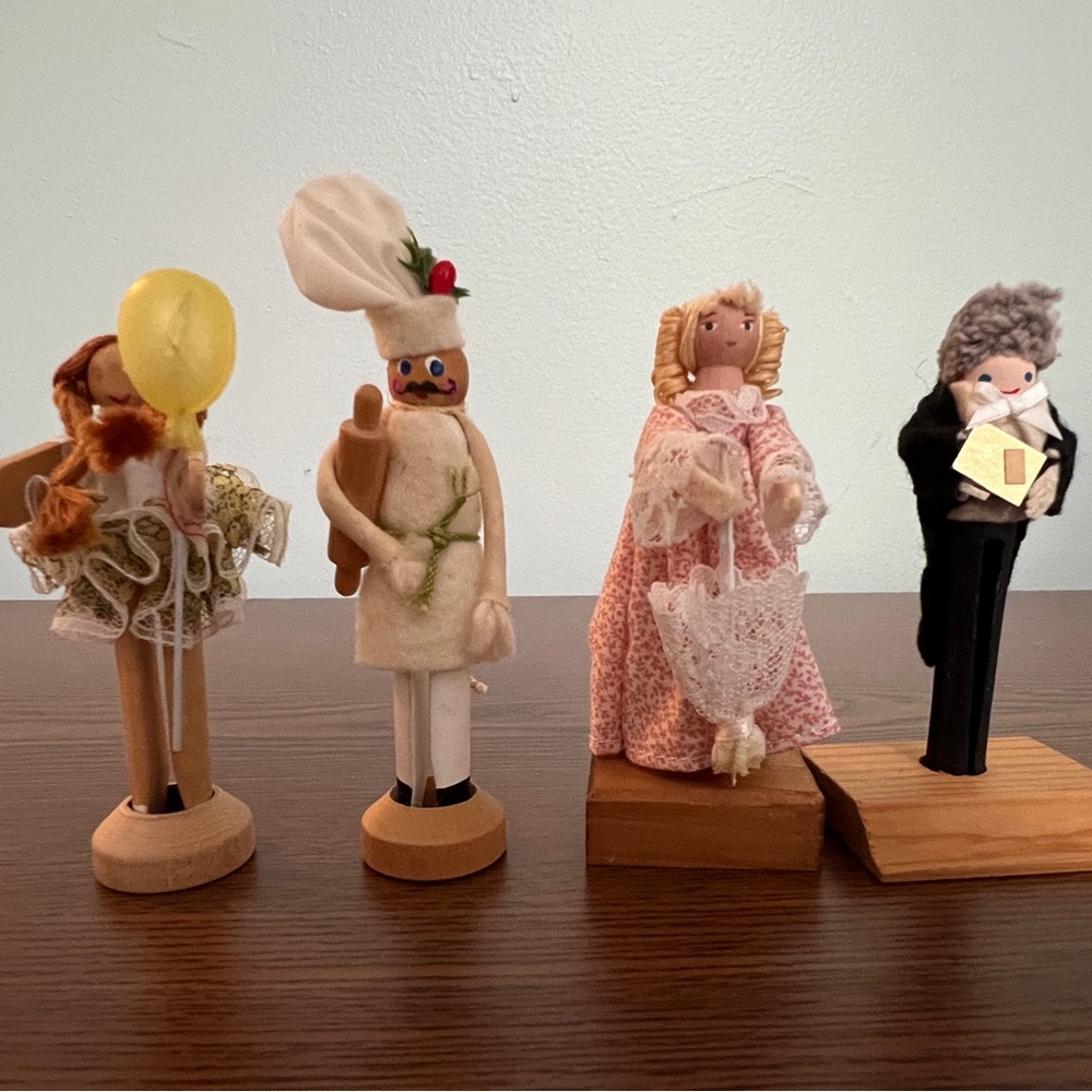Lot of Four Clothespin Dolls-Baker- Maitre d'     -Girl with Balloon- Lady